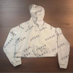 GUESS Los Angeles Women’s XL Cropped Hoodie White All Over Logo Pullover
